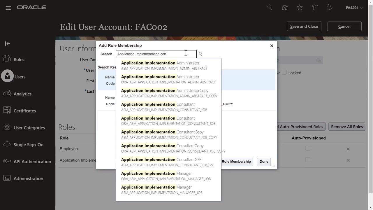 Add Role Membership dialog with Application Implementation con typed in the search field, highlighting the Consultant role in the dropdown