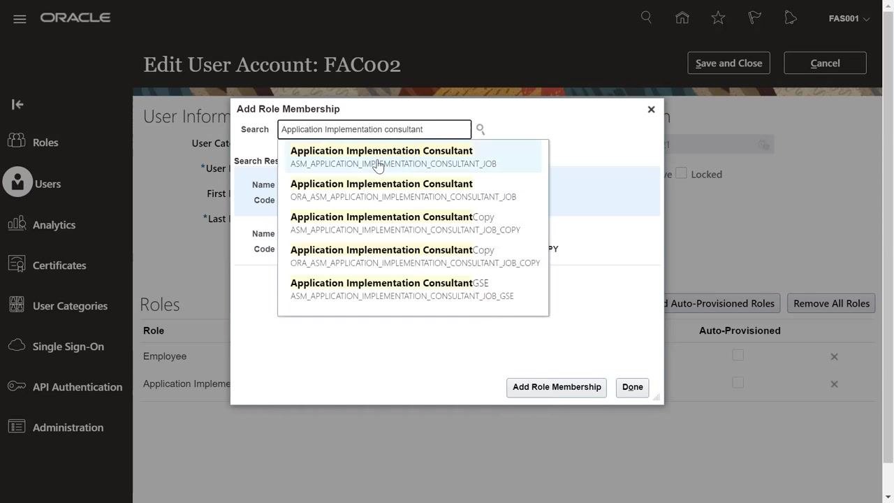 Add Role Membership dialog with Application Implementation consultant typed in the search field, showing multiple consultant role options with the standard role highlighted