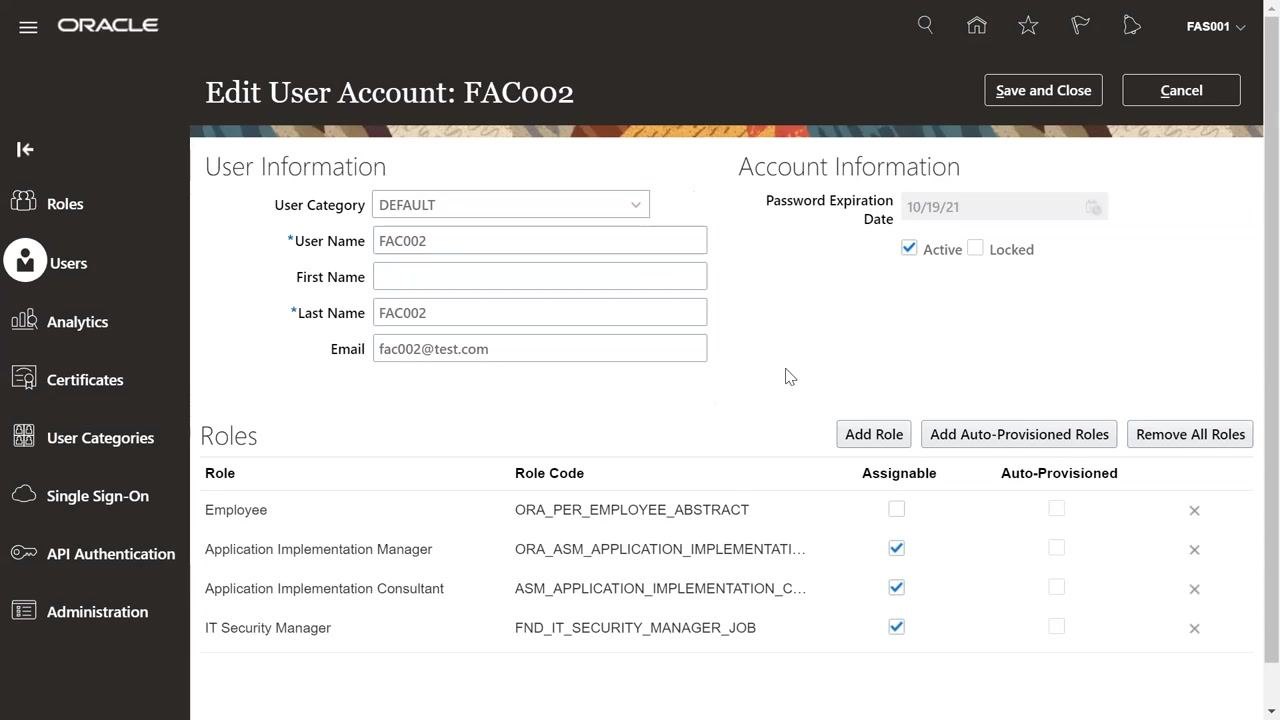 Add Role Membership dialog with a search for Application Implementation Consultant showing two matching results
