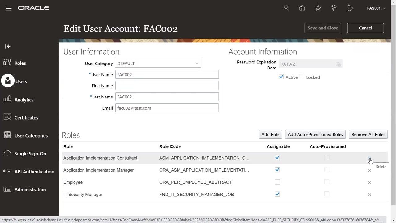 User Account Details screen showing all roles assigned to the user