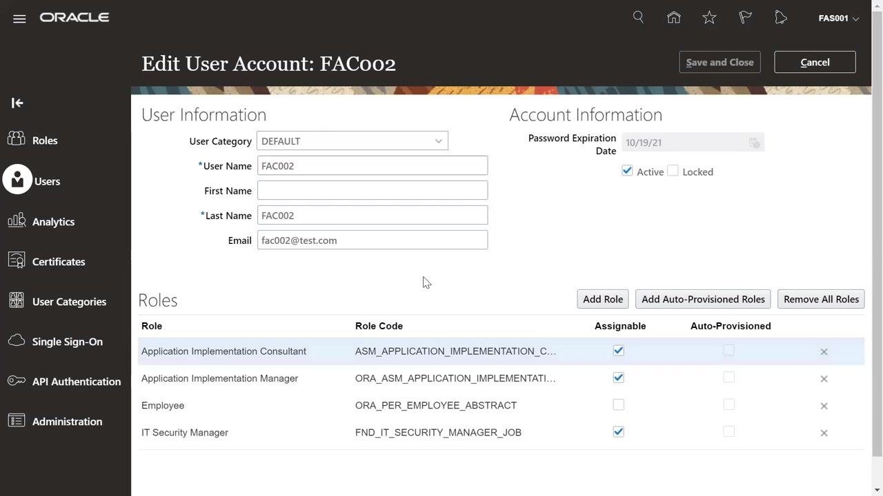 Edit User Account screen showing the user with assigned roles including IT Security Manager, marked as Active