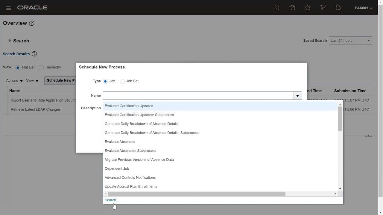 Schedule New Process dialog with a job search field and a list of available jobs