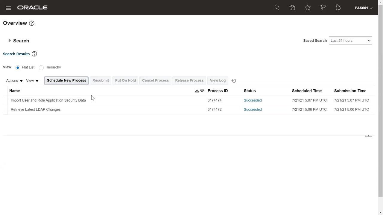 Scheduled Processes overview showing both the Import User and Role Application Security Data and Retrieve Latest LDAP Changes jobs with Succeeded status