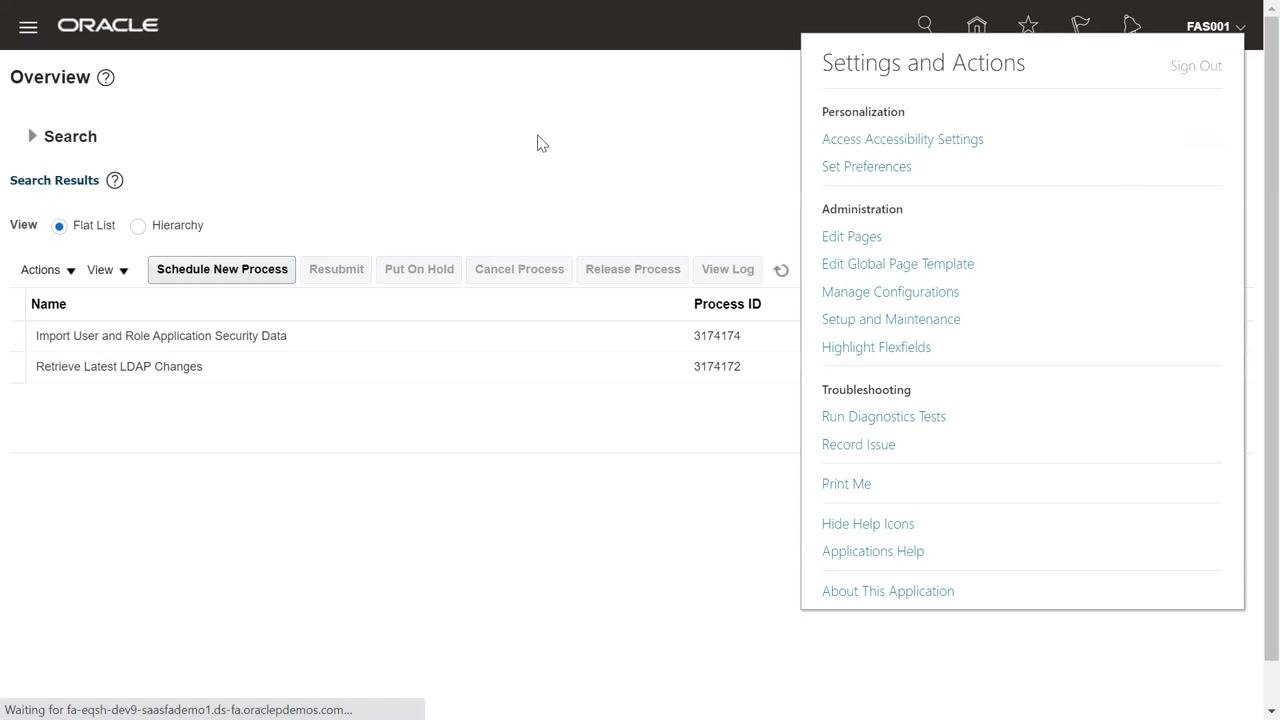 Settings and Actions menu open, highlighting Setup and Maintenance under Administration