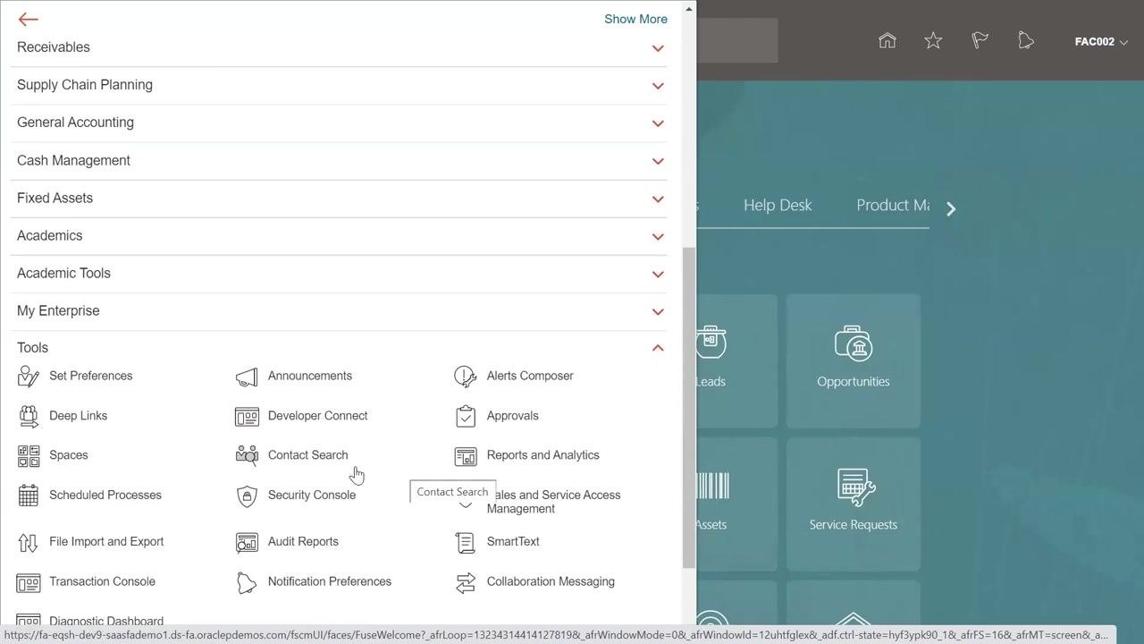 Oracle main dashboard with the Settings and Actions menu open and Setup and Maintenance highlighted