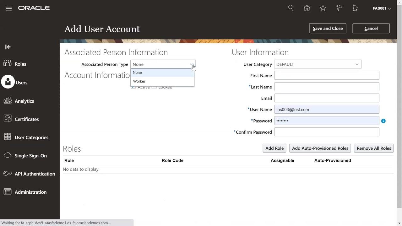 Add User Account form with the Associated Person Type dropdown expanded, showing the None and Worker options alongside user information fields