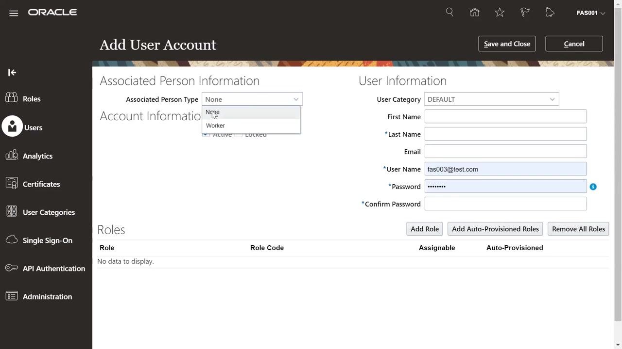 Add User Account form with user information fields filled in and the Associated Person Type dropdown showing the None and Worker options