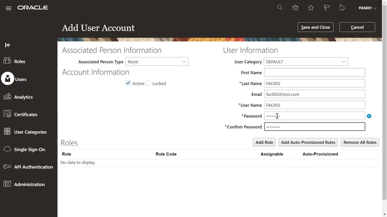 Add User Account form with Last Name, Email, User Name, and password fields completed, and the Active checkbox selected