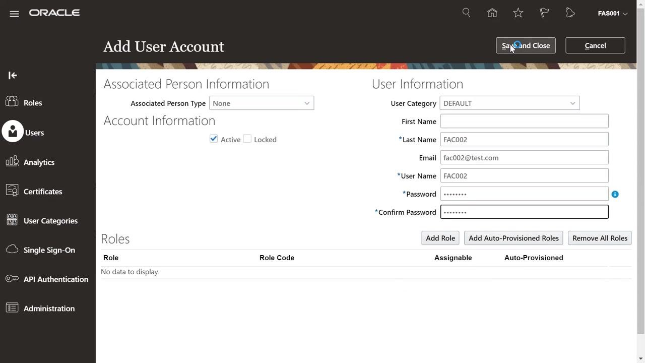 Cursor pointing to the Save and Close button on the Add User Account screen with all user details filled in