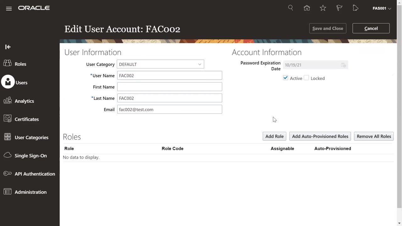 Edit User Account screen with the Add Role button visible under the Roles section