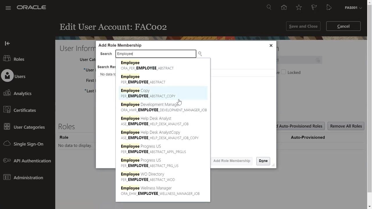 Add Role Membership dialog with Employee typed in the search field, showing a list of Employee roles and highlighting the Copy variant to avoid