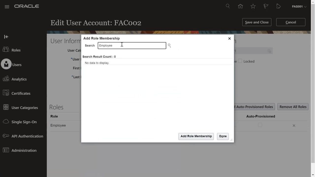 Add Role Membership dialog with Employee typed in the search field but no results displayed