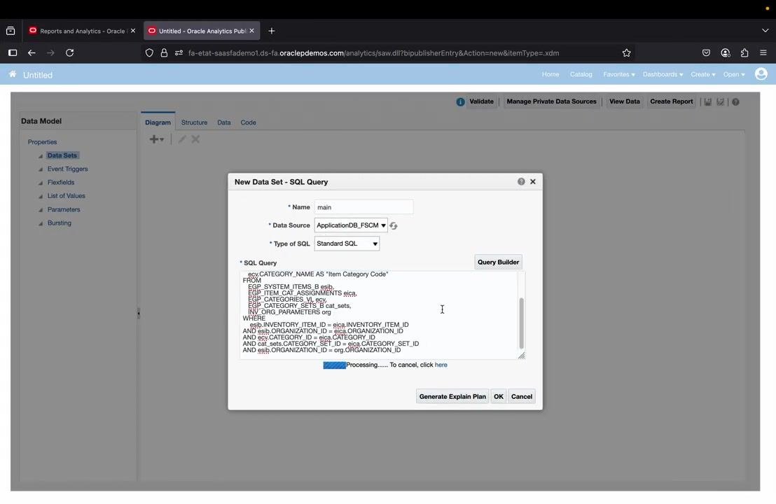 SQL Query dialog showing the entered query processing after clicking OK