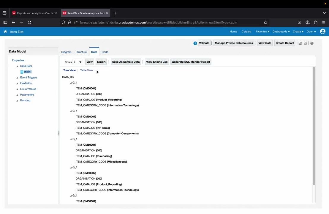 Data Model diagram view showing the data set structure with fields Item, Organisation, Item_Catalog, and Item_Category_Code