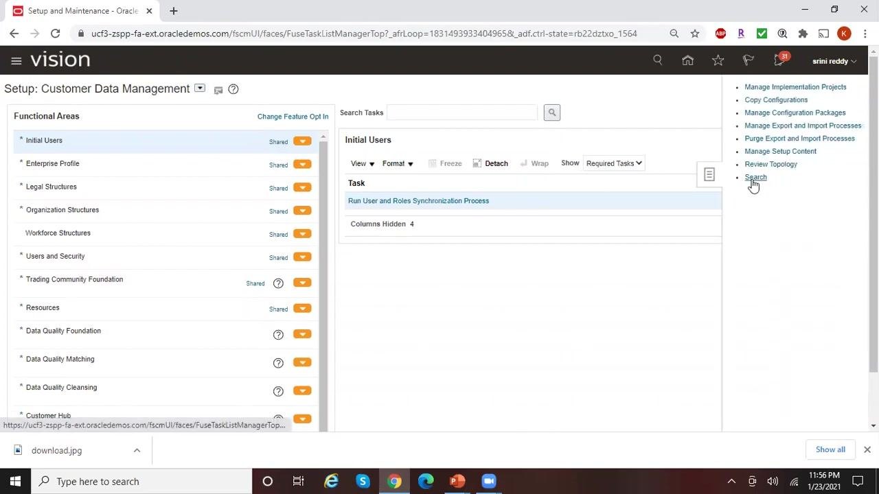 Oracle Fusion Applications home screen with the Settings and Actions menu open, highlighting Setup and Maintenance under Administration, with app tiles such as Workspace, Activities, and Contacts visible in the background.