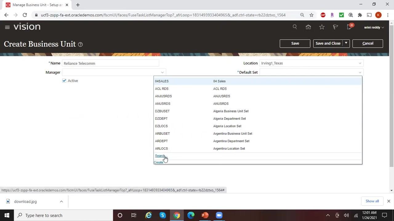 Dropdown list of available Default Sets, including 04SALES, ACL RDS, DZBUSET, and ARBUSET, with options to Search or Create.