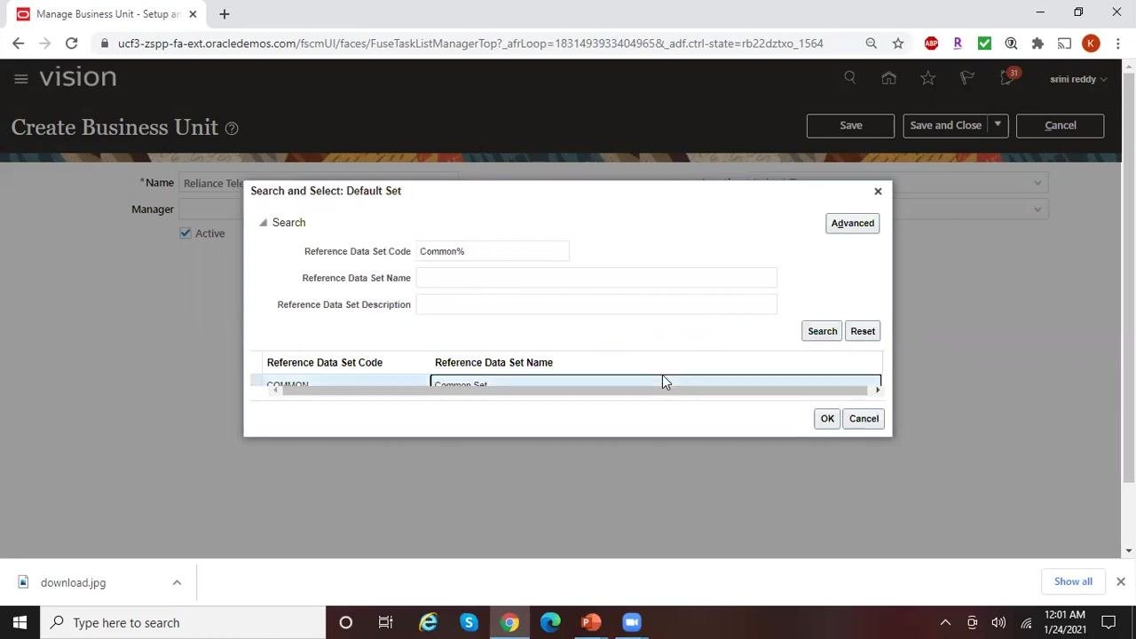 Create Business Unit screen with all fields completed, Default Set set to COMMON, ready for saving.