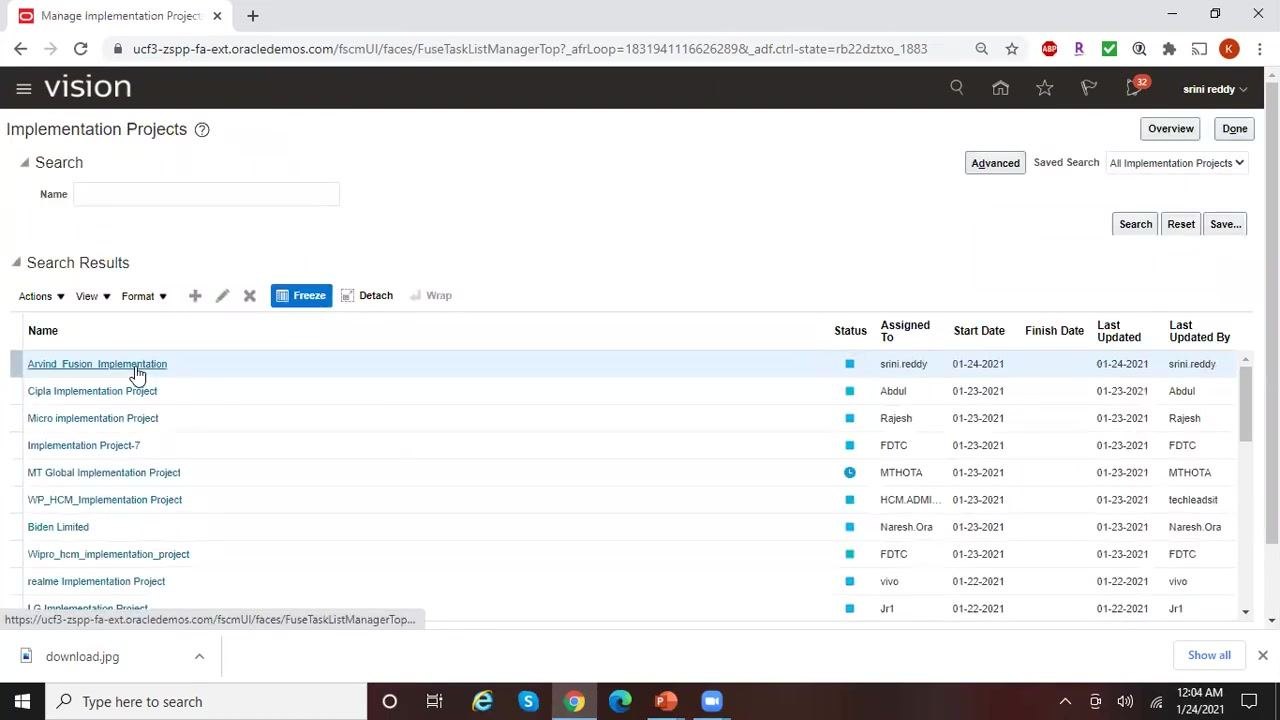 Implementation Projects screen with "Arvind_Fusion_Implementation" selected, showing project details.