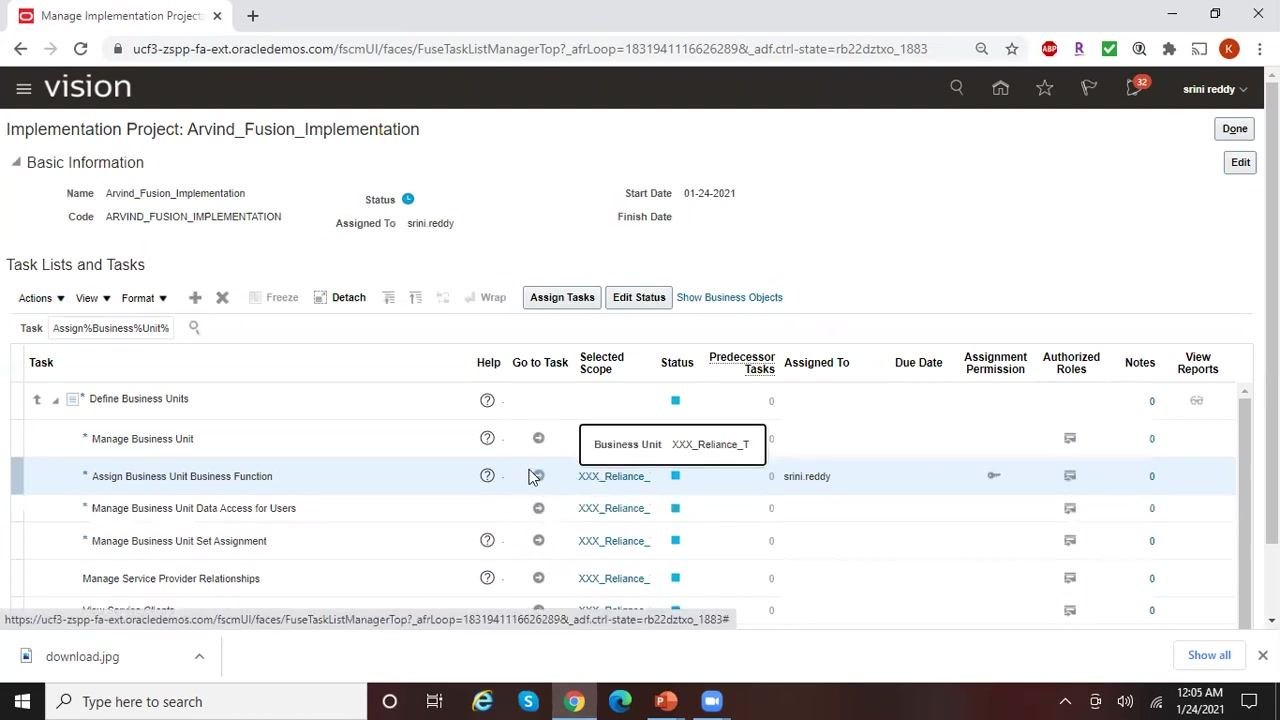 Implementation Projects screen displaying a loading indicator after selecting a project.