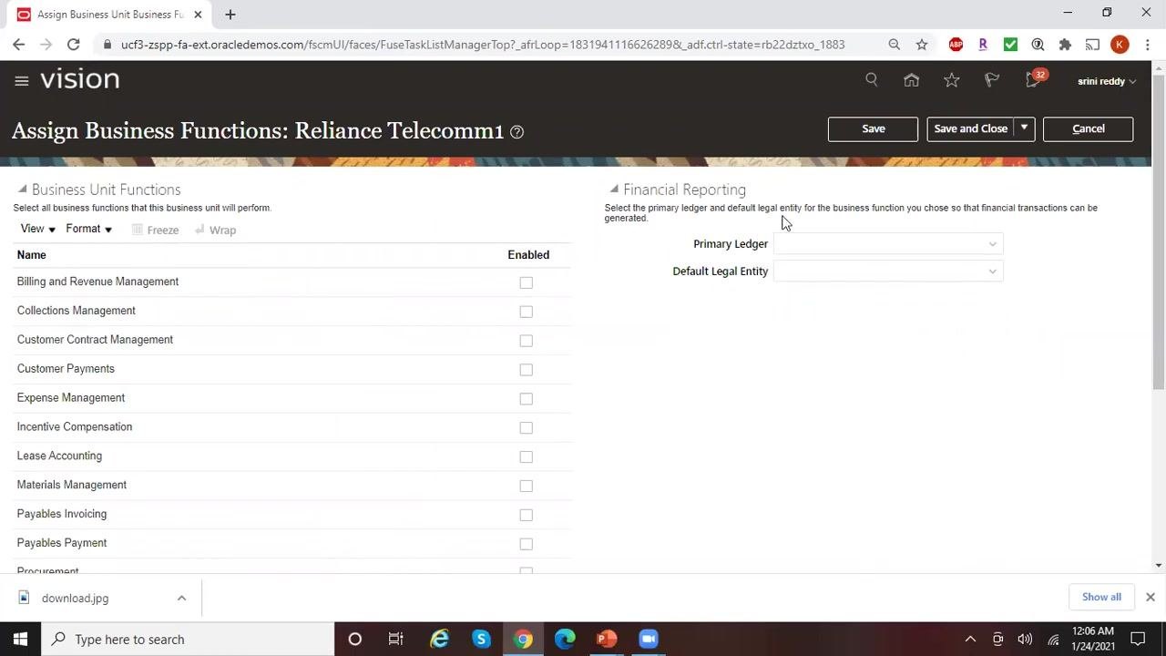 Assign Business Functions screen for Reliance Telecomm1, showing a list of business unit functions and financial reporting fields.