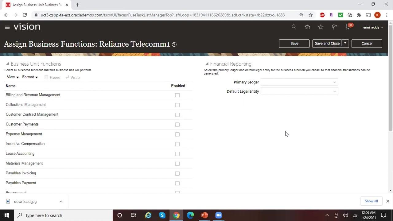 Assign Business Functions screen showing empty required fields for Primary Ledger and Default Legal Entity.