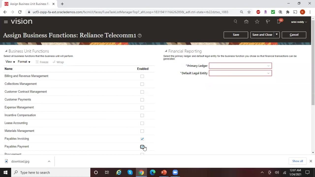 Payables Invoicing and Payables Payment functions checked, with the required Primary Ledger and Default Legal Entity fields highlighted in red.
