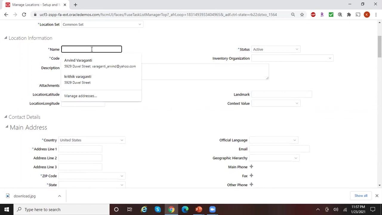 Manage Locations form with Name and Code fields being filled in as "Irving_Texas," with autocomplete suggestions visible.