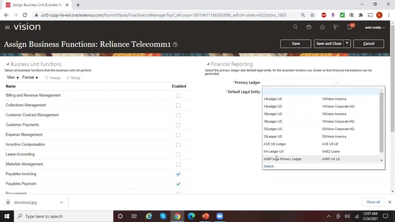 Primary Ledger dropdown open, showing multiple ledger options including Reliance Ledger US, with Payables Invoicing and Payables Payment enabled.