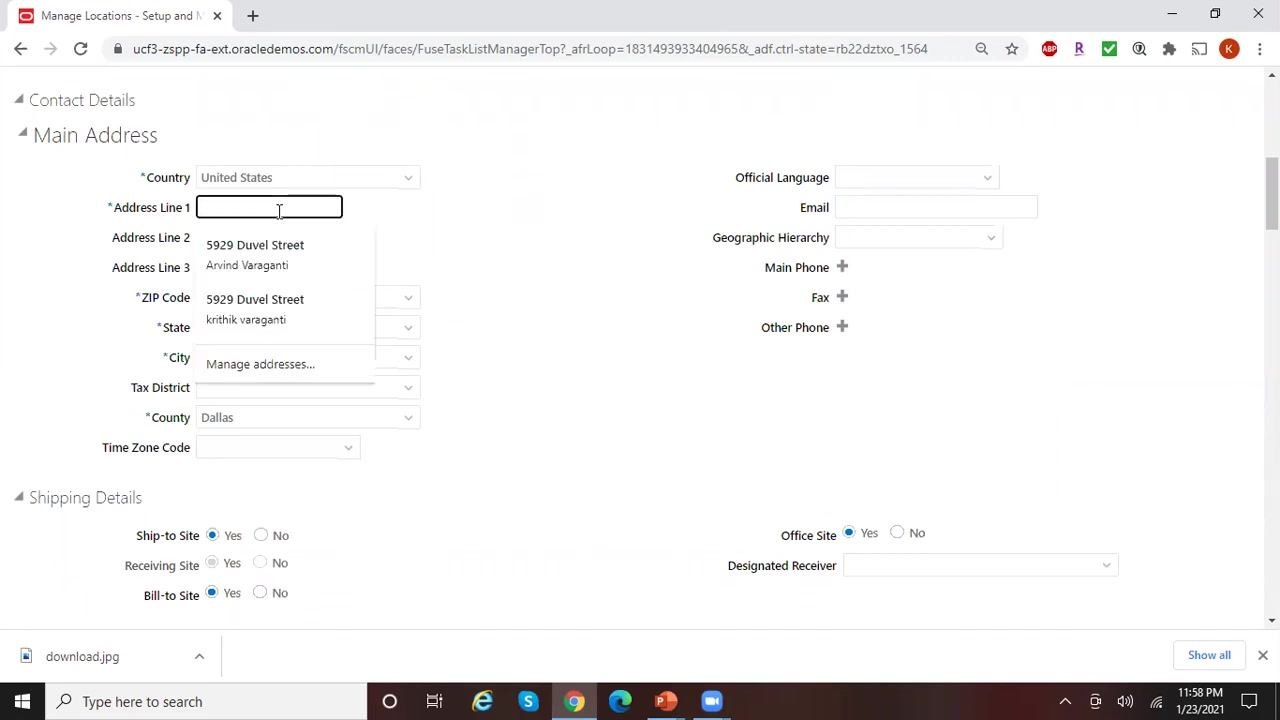 Address Line 1 field being edited, showing autocomplete suggestions for previously entered addresses.