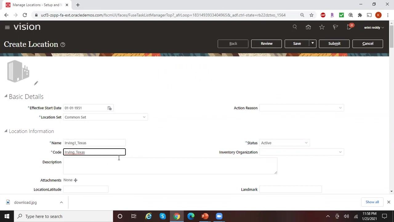 Location form with the Name field updated to "Irving1_Texas" and the Code field being corrected before saving.