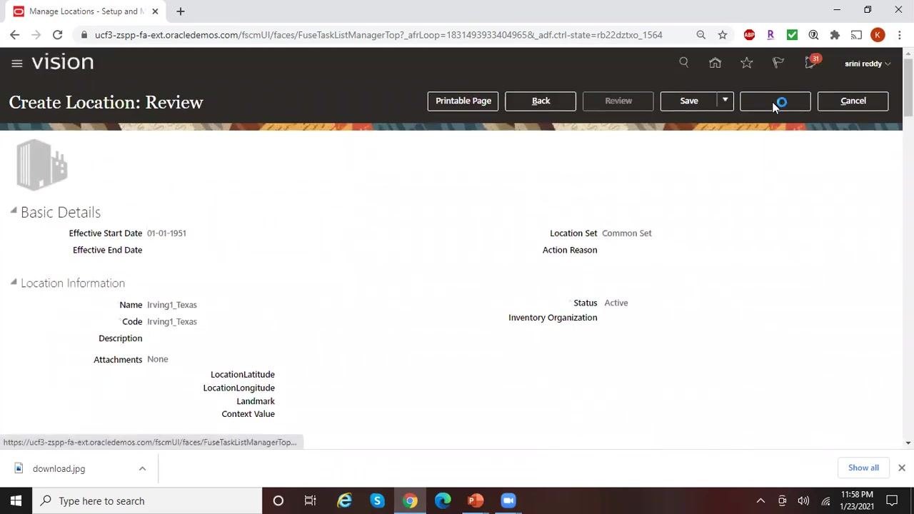 Create Location: Review screen showing all entered details, with the Submit button being selected.