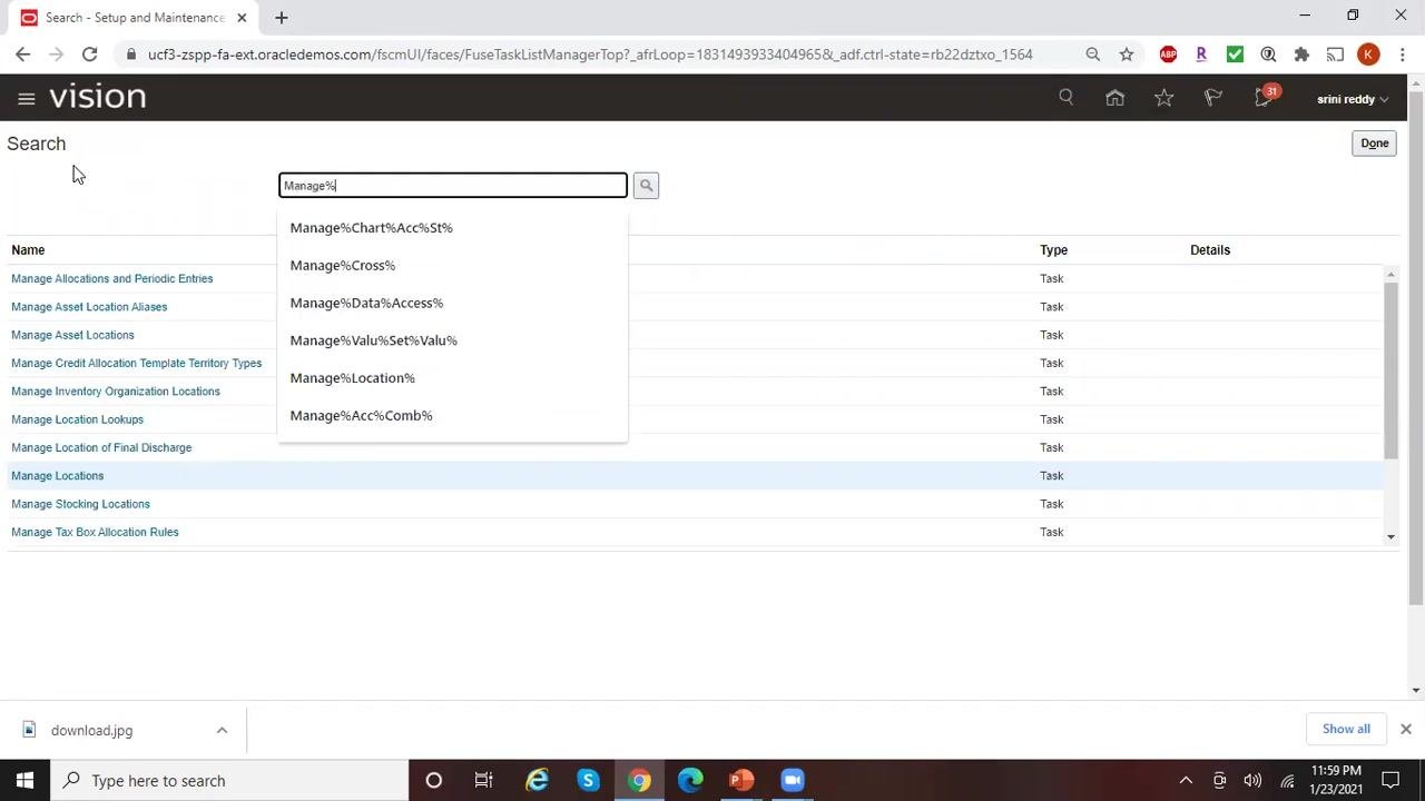 Setup and Maintenance search screen with "Manage%" entered in the search bar and a list of matching tasks displayed.