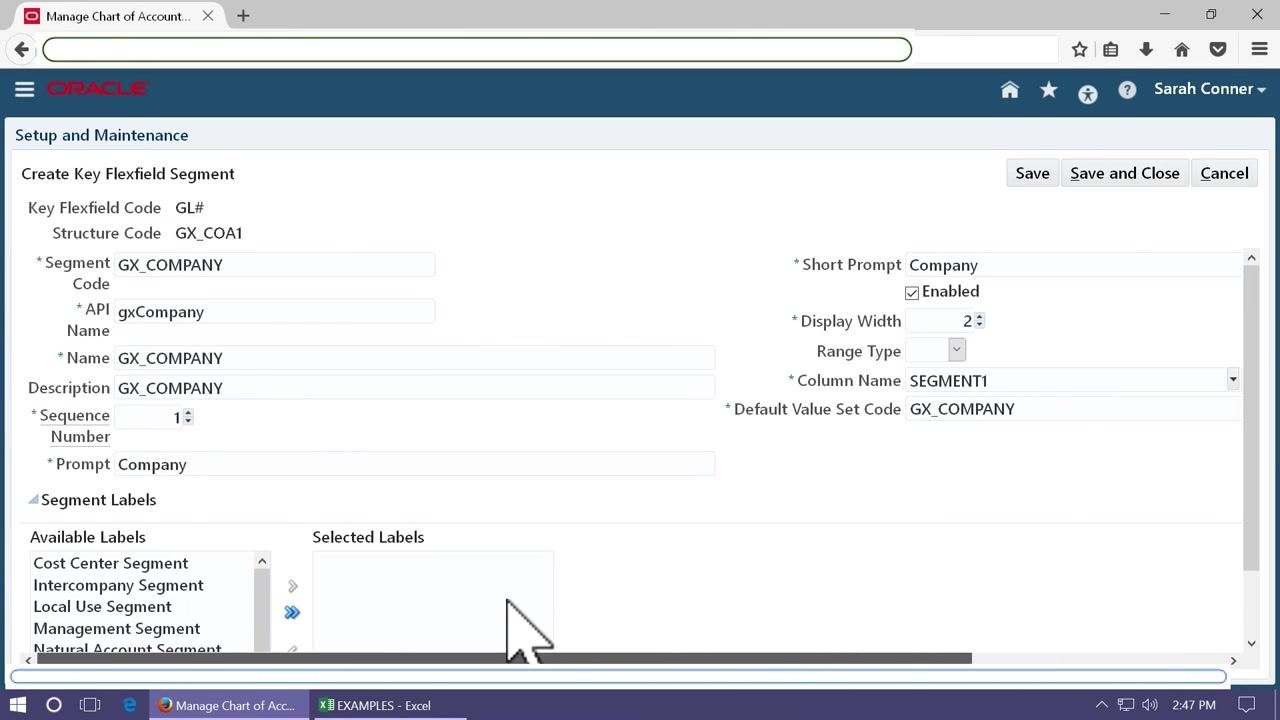 Create Key Flexfield Segment screen with SEGMENT1 selected as Column Name and GX_COMPANY as Default Value Set Code.