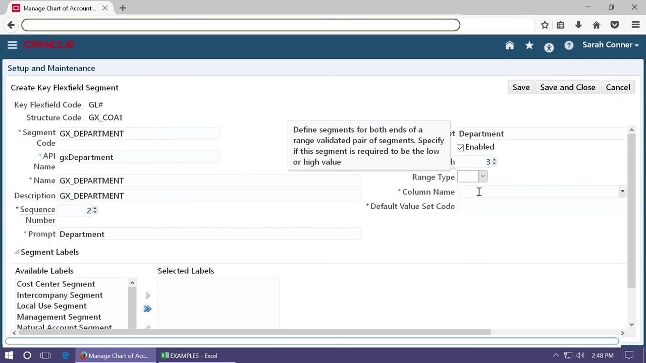 Create Key Flexfield Segment screen with Primary Balancing Segment selected as the segment label.