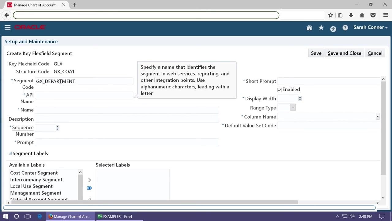 Create Key Flexfield Segment screen with GX_DEPARTMENT being entered as Segment Code and a tooltip visible.