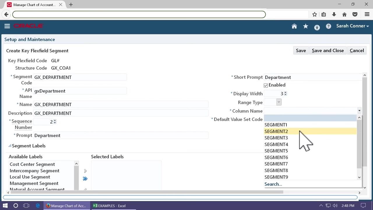Create Key Flexfield Segment screen with SEGMENT2 selected as Column Name and GX_DEPARTMENT as Default Value Set Code.
