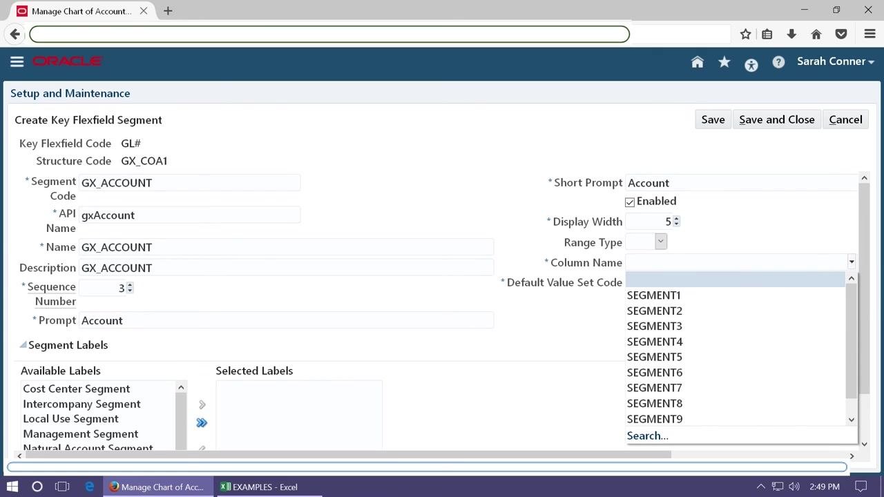 Create Key Flexfield Segment screen with GX_ACCOUNT entered as Segment Code, API Name, Name, and Description, Sequence Number 3, Prompt Account, Short Prompt Account, Enabled checked, and Display Width 5.
