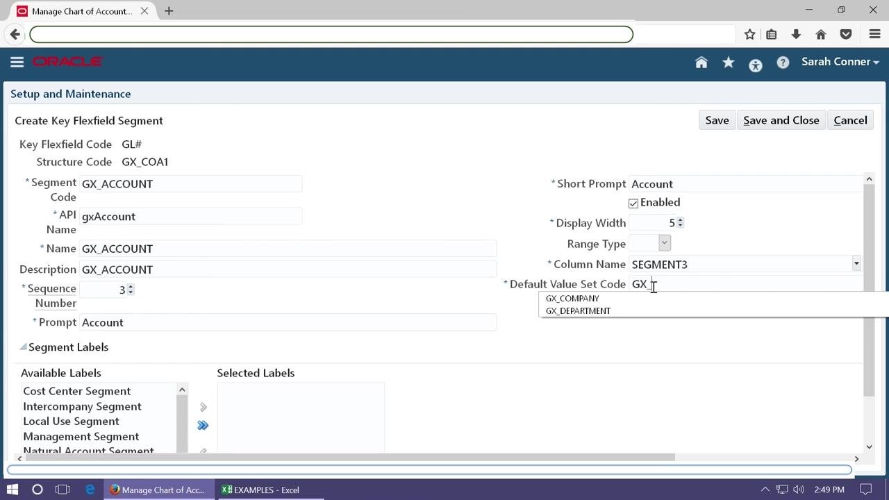 Create Key Flexfield Segment screen with SEGMENT3 selected as Column Name and GX_ACCOUNT as Default Value Set Code.