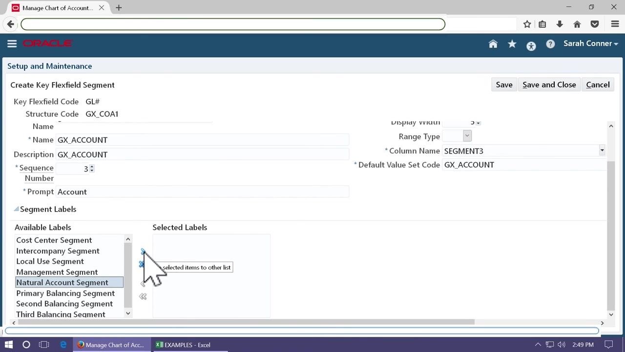 Create Key Flexfield Segment screen with Natural Account Segment selected as the segment label and being moved to Selected Labels.