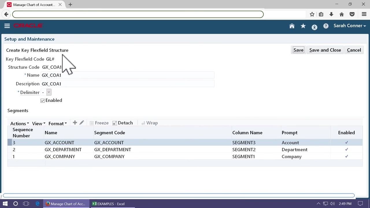 Create Key Flexfield Structure screen showing all three segments — GX_COMPANY, GX_DEPARTMENT, and GX_ACCOUNT — with their respective column names and prompts.