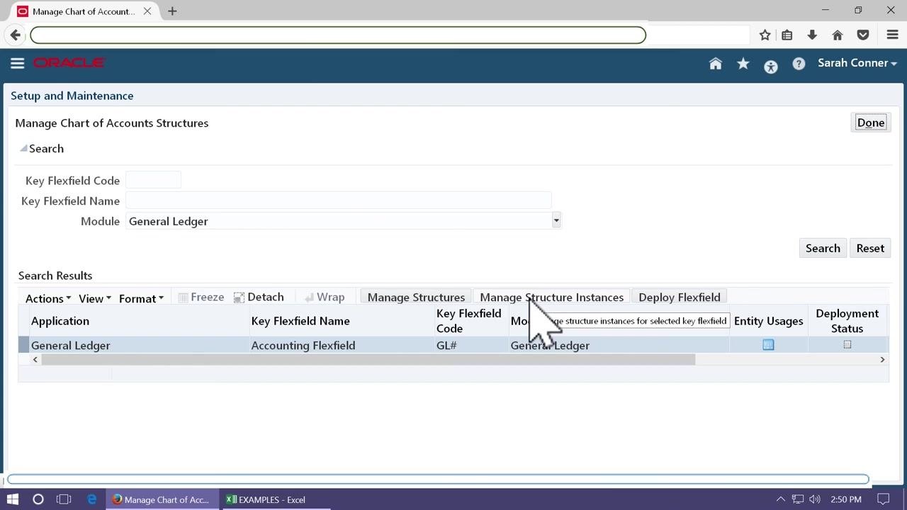 Manage Chart of Accounts Structures screen with the cursor pointing to Manage Structure Instances, showing General Ledger, Accounting Flexfield, and related columns.