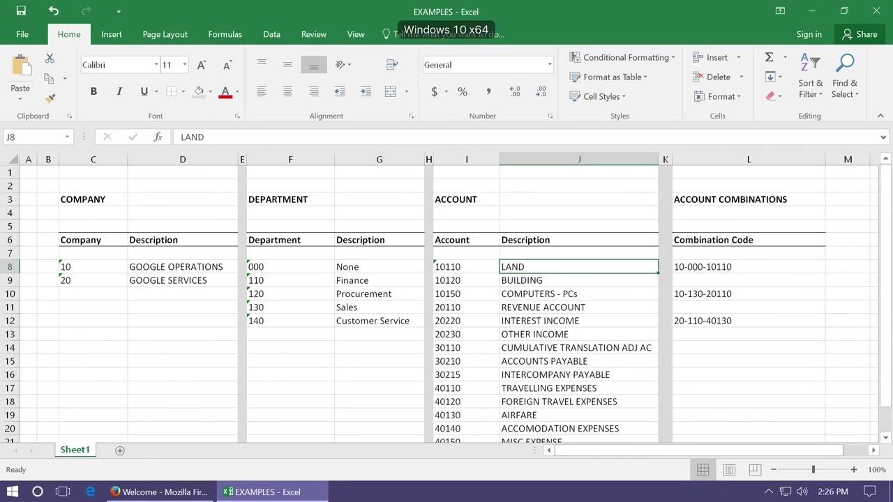 Spreadsheet showing Company, Department, Account, and Account Combination columns, with an example combination of Company 10 (GOOGLE OPERATIONS), Department 000 (None), and Account 10110 (LAND) forming code 10-000-10110.