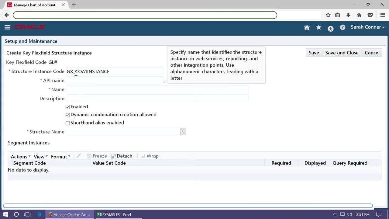 Oracle Create Key Flexfield Structure Instance screen with empty fields and checkboxes for enabling options.