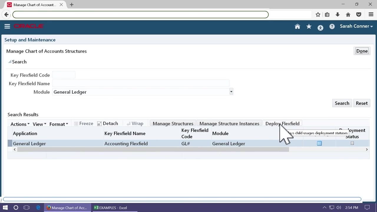 Cursor pointing to the Deploy Flexfield button on the Manage Chart of Accounts Structures screen, with the General Ledger row selected.