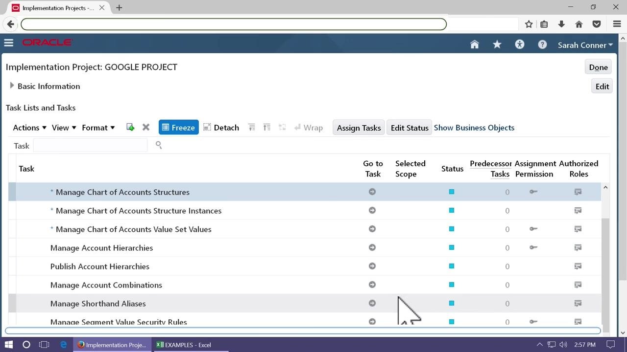 Manage Chart of Accounts Structures screen with a green checkmark in the Deployment Status column.