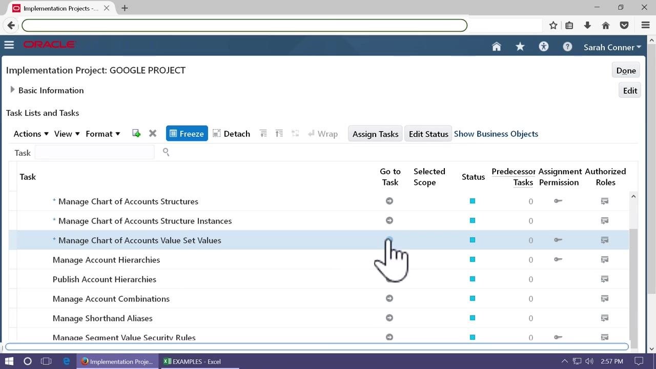 Implementation Project screen with Manage Chart of Accounts Value Set Values task highlighted and the cursor pointing to it.