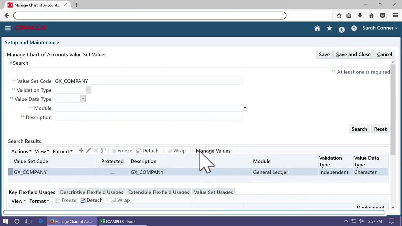 Cursor pointing to the Manage Values button for the GX_COMPANY value set.