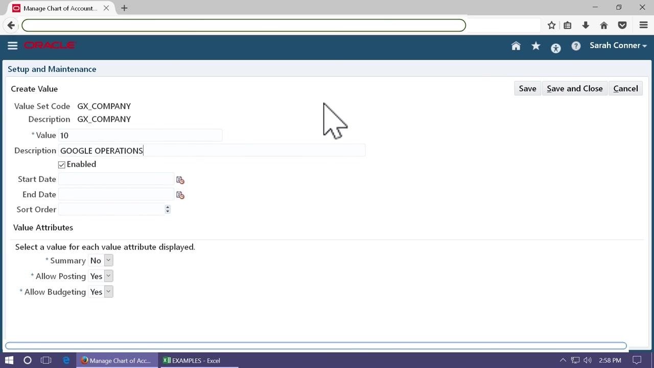 Create Value screen for GX_COMPANY with Value 10 and Description GOOGLE OPERATIONS, Enabled checked, and value attributes set.