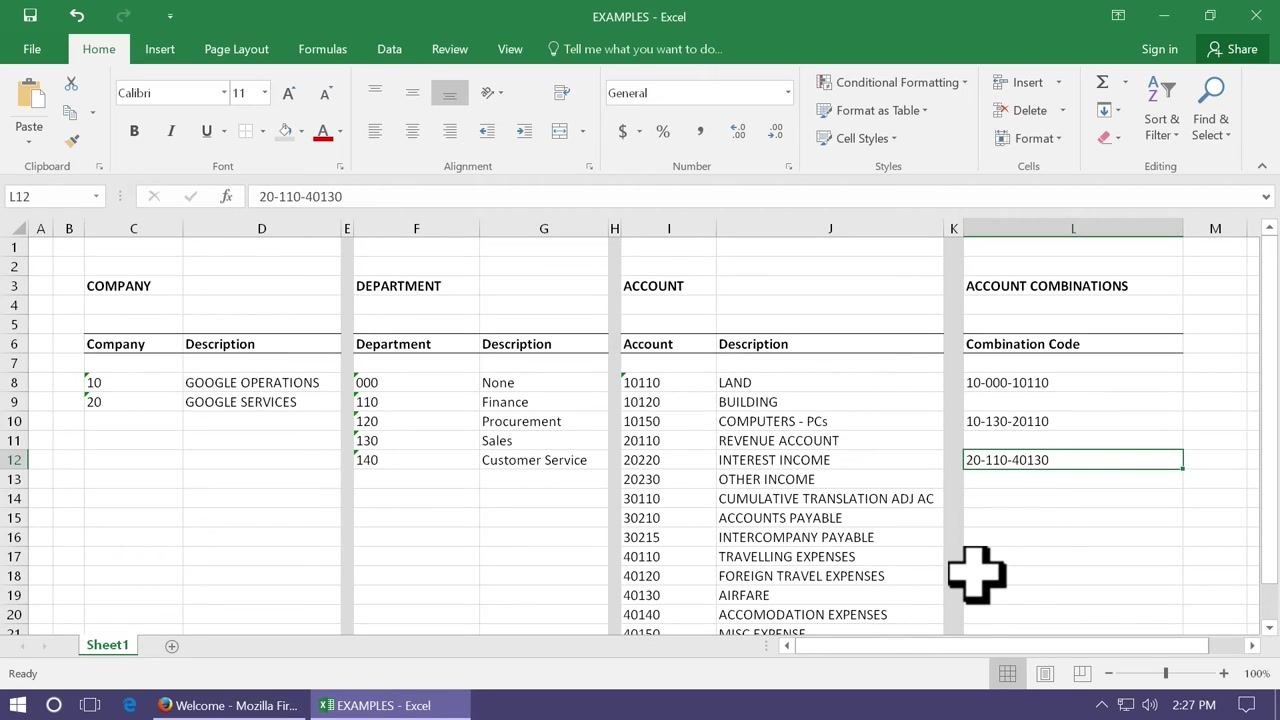 Spreadsheet with the account combination "20-110-40130" highlighted under Account Combinations, illustrating how segment values merge into one unique code.