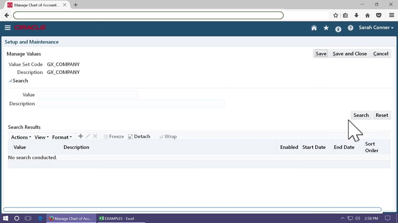 Manage Values screen for GX_COMPANY with the cursor pointing to the Search button, ready to display entered values.